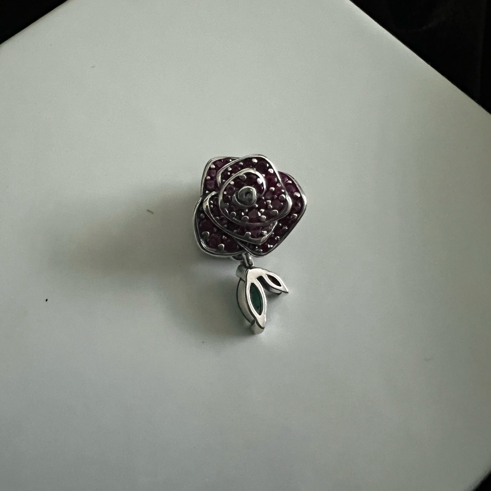 SPARKING ROSE IN BLOOM RED CHARM STERLING SILVER - Picture 3 of 6